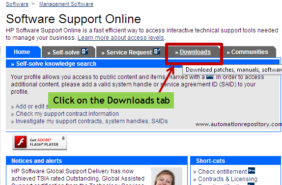 HP Support OpenView Page - Downloads Section