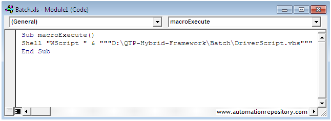 QTP Hybrid Framework - Excel macro with VBScript file call