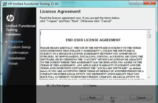 Install UFT 11.5 - License Agreement screen