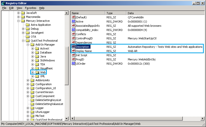 Modified Registry Values for QTP Add-in