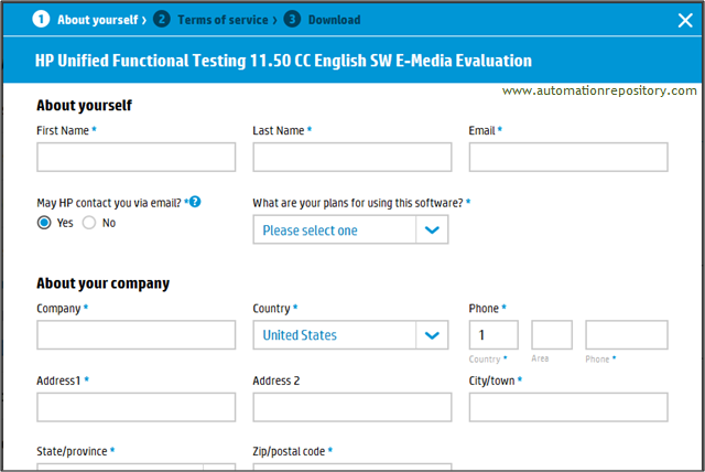 UFT 11.5 Download - Providing Personal Details