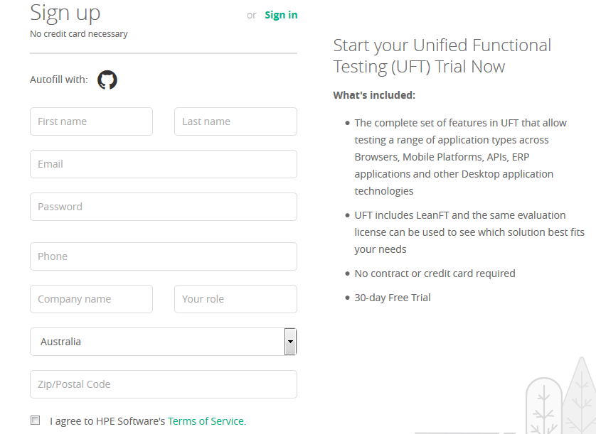 UFT 12.52 Download - Sign up form